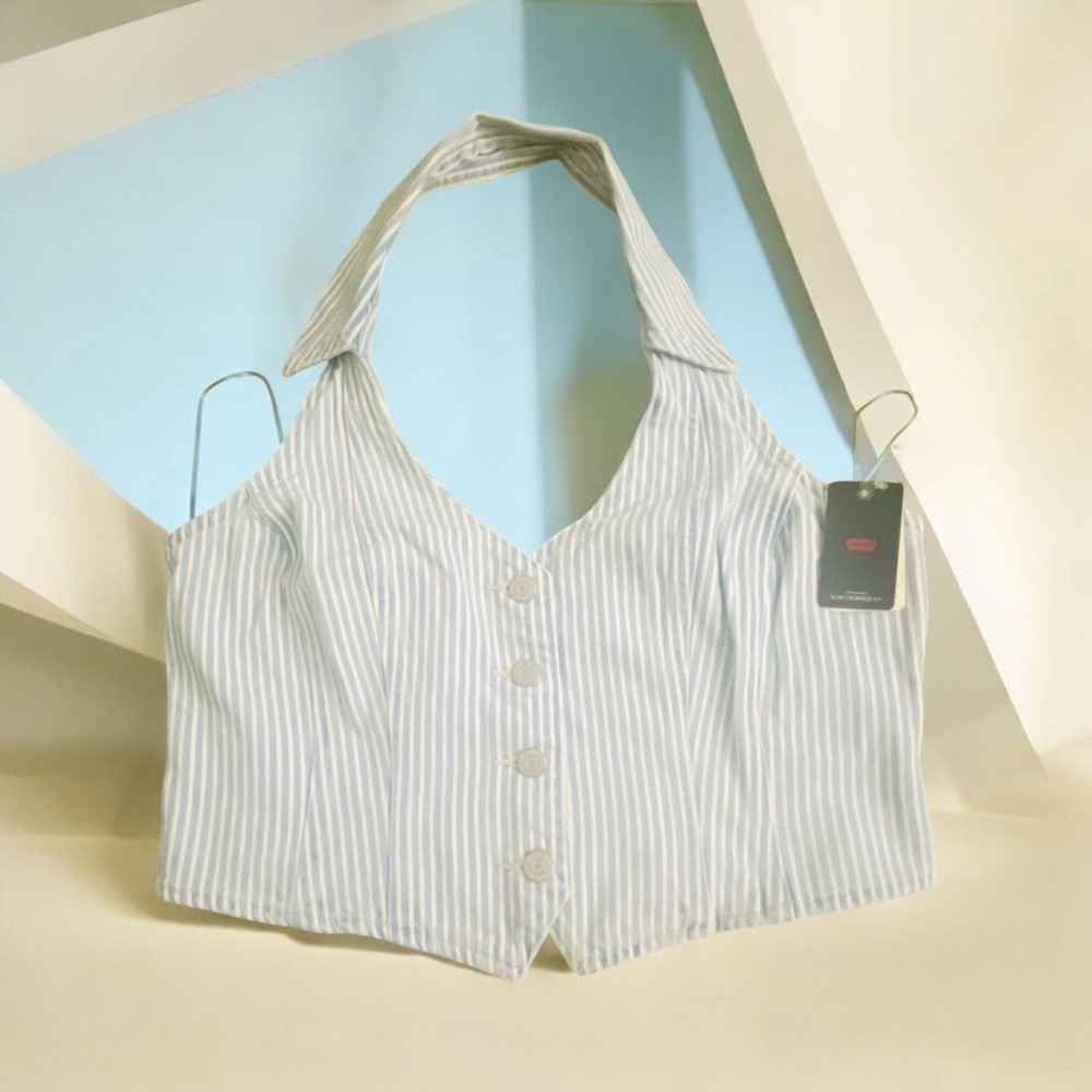 Levi's Light Blue and White Striped Halter Button-Front Crop Top